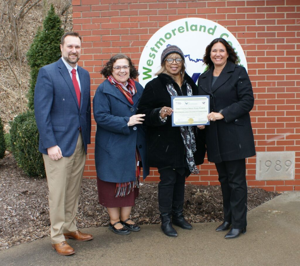 ​Shown in the photo are Chad Amond, Chamber President; Rabbi Sara Perman & Carlotta Paige, Co-Chairs of the Westmoreland Diversity Coalition; and Terri Knupp, Manager, External Affairs for FirstEnergy/West Penn Power.